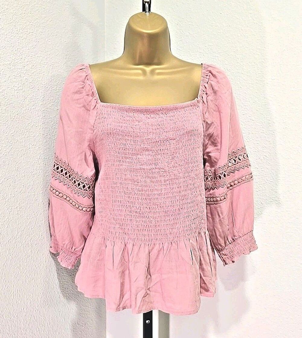 Smocked Milkmaid Top XL Pink Mauve Embroidered Cottage Peasant Prairie Pastel